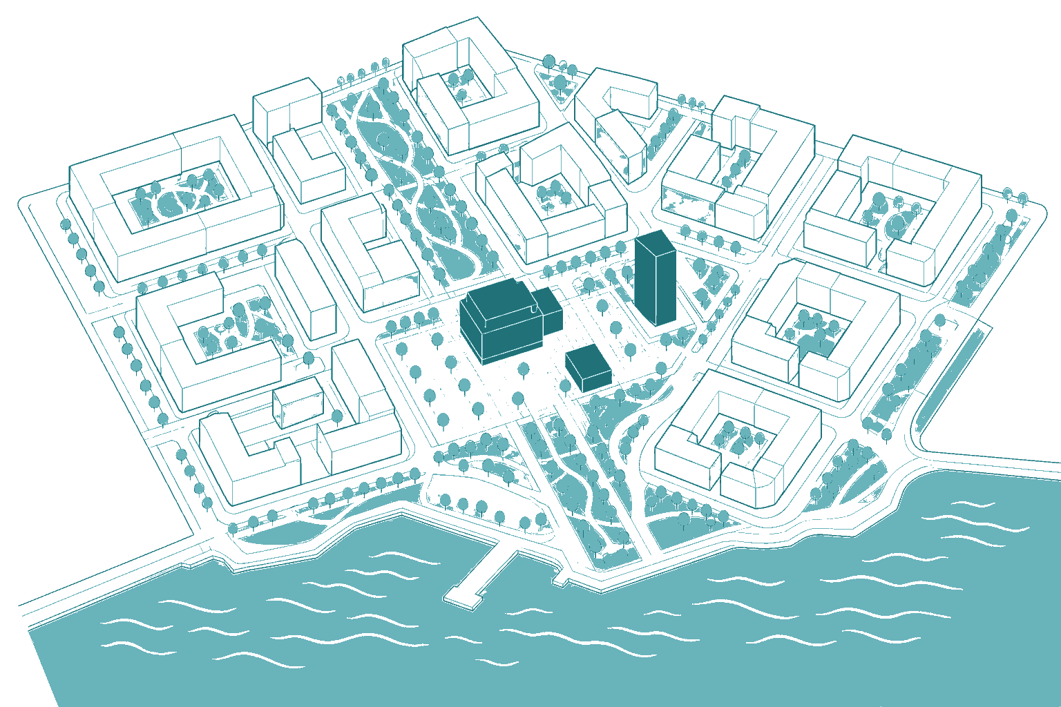 Isometrisch masterplan van een stadsontwikkeling met water, groen en bebouwing