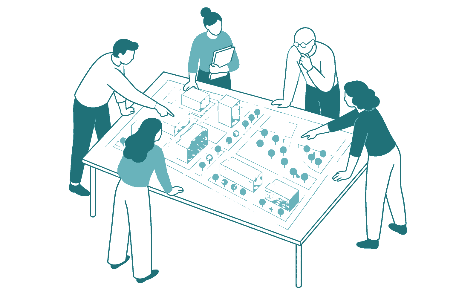 Mensen rond een tafel die samen een stedenbouwkundig maquette bekijken
